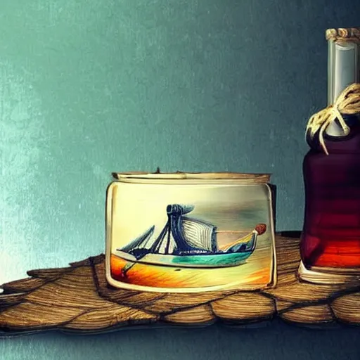 Image similar to A Ship inside a bottle lying on the table, perfect definition,