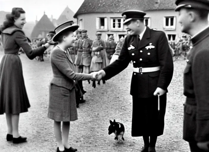 Image similar to ultra wide 1 9 4 6 blurry historical far away photo a single german general shaking hands with a young queen elizabeth in a french village, her corgis are nearby highly detailed, sharp focus