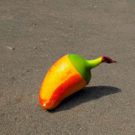 Image similar to red orange kissing green banana on a beach in new mixico