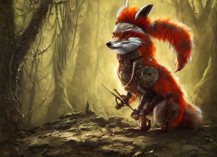 Prompt: ashigaru steampunk - inspired feathered anthropomorphic fox, colorful plumage, lacquered armor, cute but determined, hard focus, art station, by jessica rossier and brian froud, cinematic fantasy painting, orange grey white, in a woodland glade