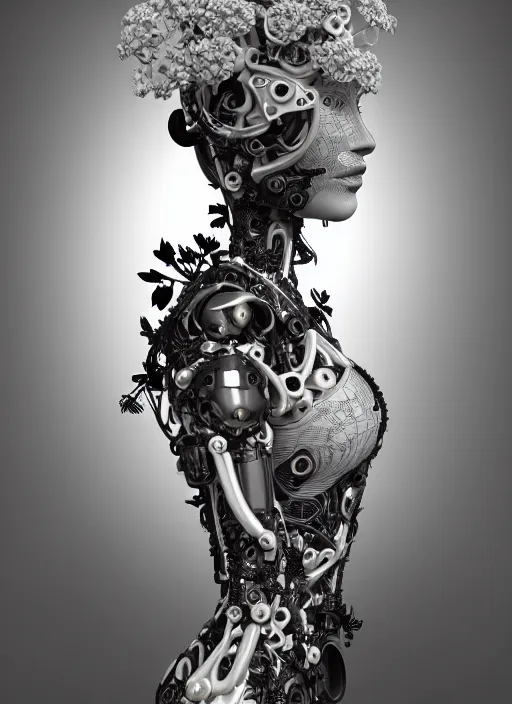 Image similar to black and white 3 d model, biomechanical female cyborg with porcelain profile face and a big floral eye, big leaves foliage and stems, morning glory flowers, hibiscus flowers, boho floral vines, sinuous fine roots, fine filigree foliage lace, alexander mcqueen, rim light, art nouveau fashion pearl embroidered, steampunk, redshift render, 8 k