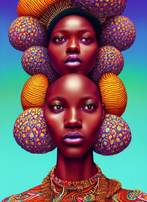 Image similar to pretty african model with hallucination mushroom : : by martine johanna and simon stalenhag and chie yoshii and casey weldon and wlop : : ornate, dynamic, particulate, rich colors, intricate, elegant, highly detailed, vogue, harper's bazaar art, fashion magazine, smooth, sharp focus, 8 k, octane render,
