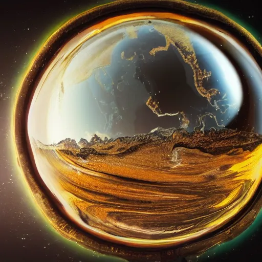 Prompt: planet earth, seen in a reflection in a whiskey bottle, on a table, detailed drawing