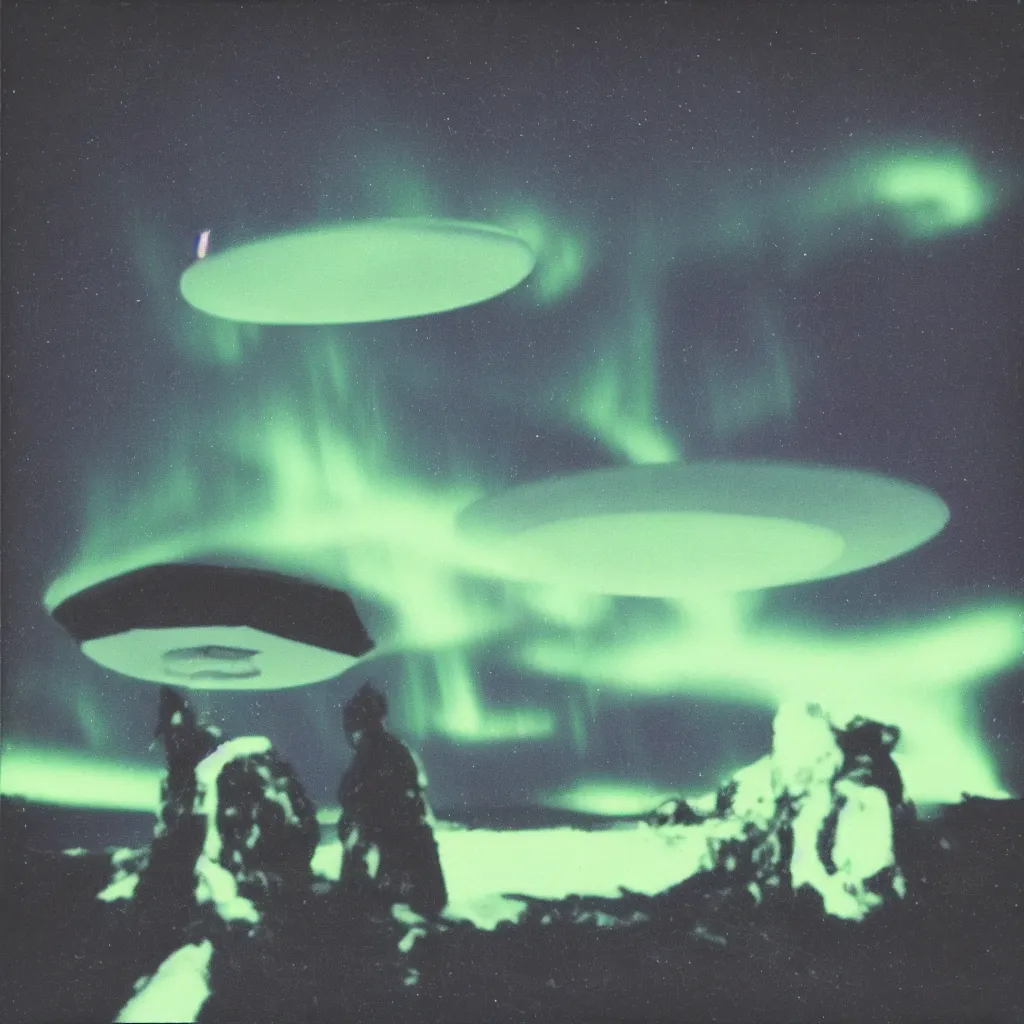 Prompt: polaroid photo of a clear UFO encounter in the artic, large black triangle with lights in each corner, aurora borealis, scientist pointing towards the object, HD scan,