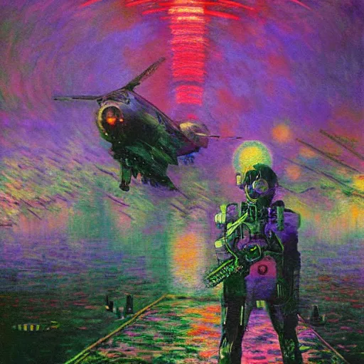 Image similar to psychic warfare, technopunk, cyberpunk, vaporwave, painting by monet