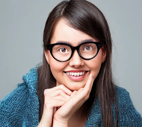 Prompt: a studio photograph of a beautiful woman with big eyeglasses