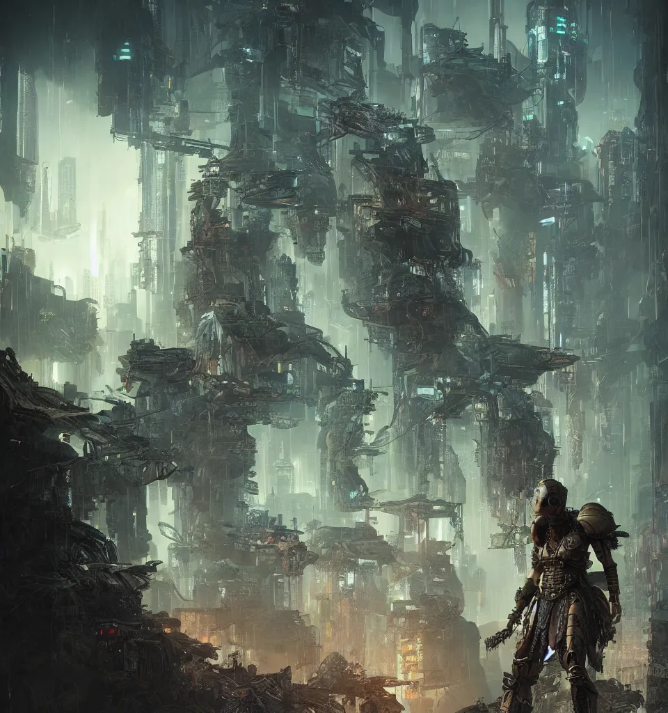 Image similar to cyberpunk gladiator, cinematic, highly detailed, octane render, cg, rich cinematic atmosphere, perfect digital art, mystical journey in strange world, Mystical, cyberpunk, tech war, sci-fi, surreal, glowing lights, sharp focus, high detailed, by Akihiko Yoshida, michael whelan and Karol Bak