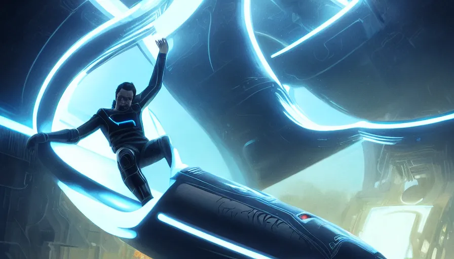 Image similar to tron legacy jesus riding waterslide, face closeup, laughing, diffuse lighting, hyper realistic, concept art, intricate, hyper detailed, smooth, sharp focus, illustration, trending on artstation, art by greg rutkowski and james gurney and alphonse mucha