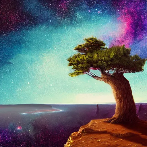 Image similar to a tree on edge of cliff, overlooking space abyss, small tree, cliff edge, looking down, painting, highly detailed, artstation award, milky way galaxy below, edge of the world, ultra realistic, colorful