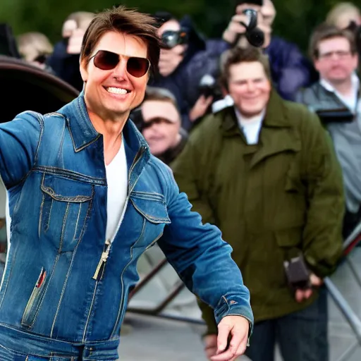 Image similar to Tom Cruise waving to fans. He's wearing bluejeans and a green jacket, Ralph Lauren. A helicopter is in the background. Shallow depth of field