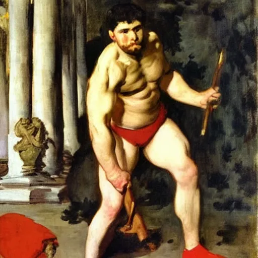 Image similar to Olympia by Édouard Manet, but as a muscular man