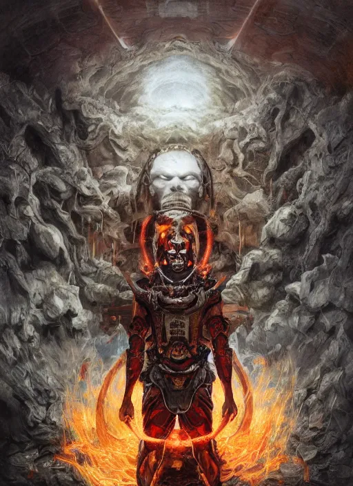 Image similar to portrait of a diabolical cyborg clown samurai fires a flamethrougher, wearing burning torn cape, dynamic pose, glowing eyes, ancient ruins, glowing veins subsurface scattering, in clouds, sunset, portrait, by gerald brom, by mikhail vrubel, by peter elson, muted colors, extreme detail, reflections, trending on artstation, 8 k