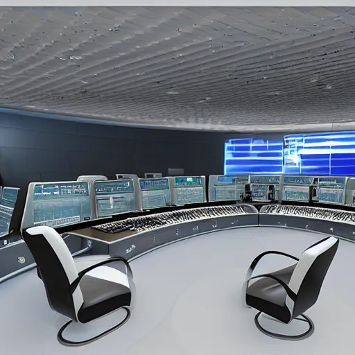 Image similar to futuristic mission control center, johnson space center, concept art, 3 d render, high quality