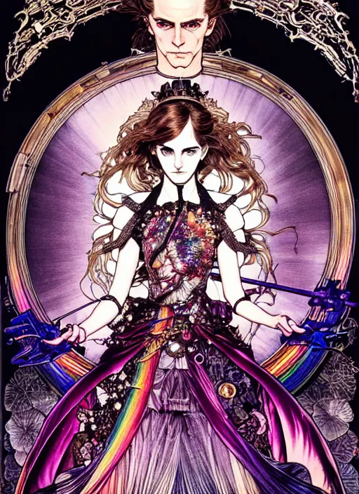 Prompt: highly detailed terada katsuya artstation ayami kojima manga poster of princess emma watson mechine, rainbow gradient reflection, long hair, armor, dress, laces, ruffles, 8 k, maximalist,, jump comics, tomer hanuka, alphonse mucha