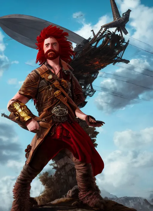 Image similar to An epic fantasy comic book style portrait painting of a red headed male sky-pirate in front of an airship, unreal 5, DAZ, hyperrealistic, octane render, cosplay, RPG portrait, dynamic lighting