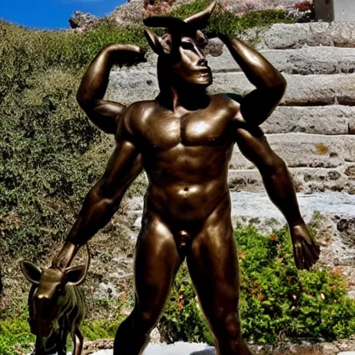 Prompt: a photo of a bronze statue of a minotaur bright day on the greek island of