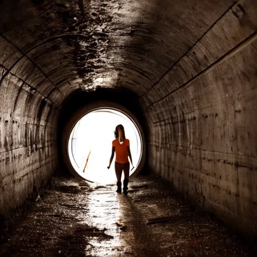 Prompt: woman explores sterile tunnels, fear and dark misery, future, cinematic