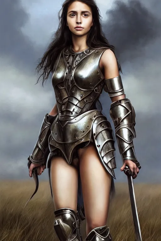 Image similar to a photorealistically painted portrait of an attractive young girl, partially clothed in metal-plated battle armor, standing in front of a vast landscape, flawless olive skin, fair complexion, long dark hair, beautiful bone structure, perfectly symmetric facial features, perfect photorealistic eyes, natural physique, intricate, elegant, digital painting, concept art, finely detailed, beautifully illustrated, sharp focus, minimal artifacts, volumetric lighting, from Metal Gear, by Ruan Jia and Mandy Jurgens and Artgerm and William-Adolphe Bouguerea, in the style of Greg Rutkowski, trending on Artstation, award winning art