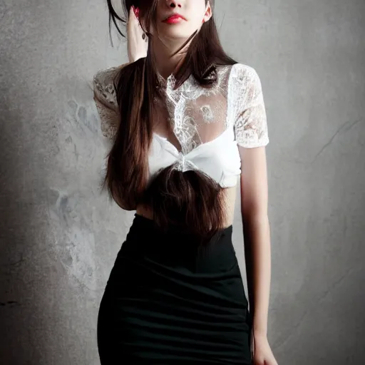 Image similar to young female model photography lace mini skirt beautiful face and body, dramatic light 8 0 mm camera