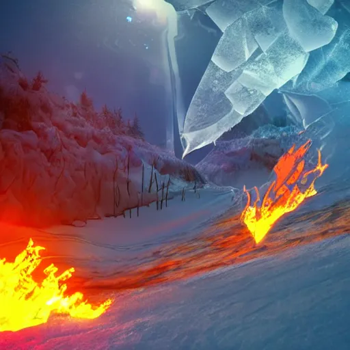 Image similar to ice on fire in cyperpunk style, high detail, lens flares