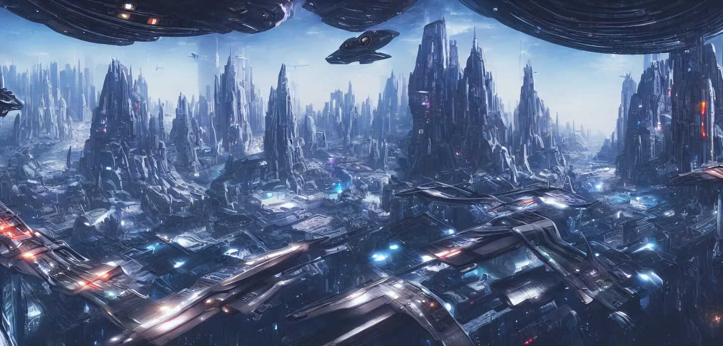 Image similar to a futuristic city scene with a flying spaceship, a detailed matte painting by chris moore, shutterstock contest winner, afrofuturism, matte painting, futuristic, sci - fi