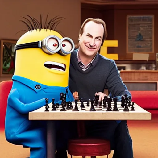 Image similar to bob odenkirk and a minion playing chess