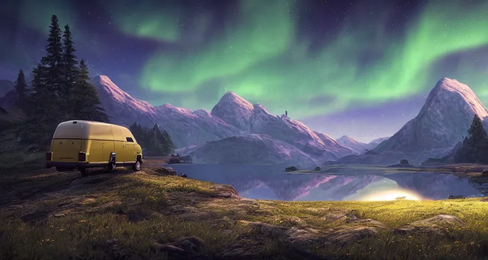 Image similar to An epic fantasy style landscape painting of a Mountainrange and a lake, with a starry sky and aurora and a Volkswagen Caddy Campervan, unreal 5, DAZ, hyperrealistic, octane render, dynamic lighting