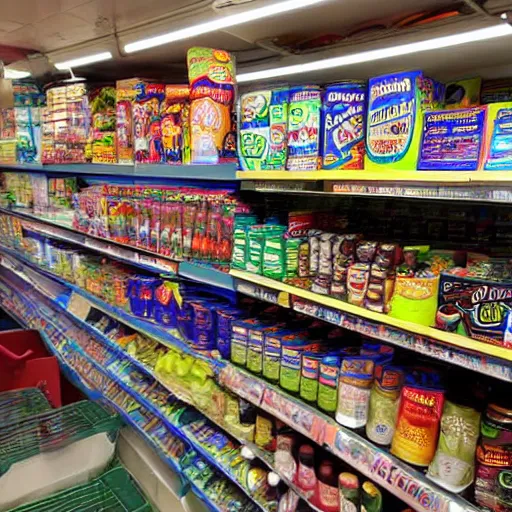 Prompt: bodega filled with groceries, produce, cans, soda, lottery tickets, and cigarettes with Hispanic customers.