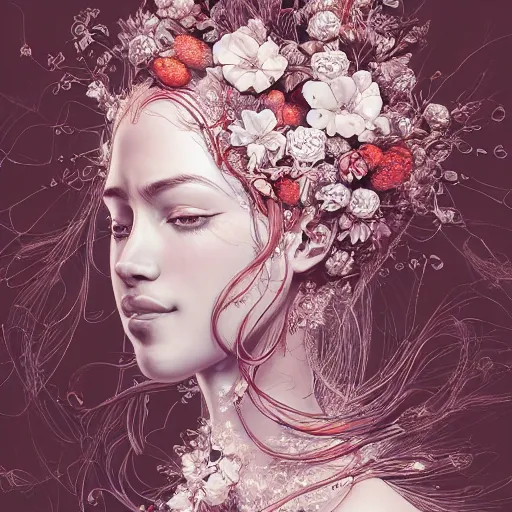 Image similar to the portrait of an absurdly beautiful, graceful, elegant, sophisticated, fashionable woman made of strawberries and white petals looking down, an ultrafine hyperdetailed illustration by kim jung gi, irakli nadar, intricate linework, bright colors, octopath traveler, final fantasy, unreal engine 5 highly rendered, global illumination, radiant light, detailed and intricate environment