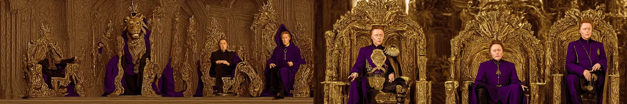 Prompt: Film still of Christopher Walken as Emperor Shaddam IV (Dune) sitting on a throne in dark long Romanesque marble-clad hall, sunlight shines through small ornate windows casting shadows, throne made of green quartz and gold with lion-shaped-arm-rests, Christopher Walken is wearing ornate Tyrian-purple regal leather uniform with two gold-lion-shaped-pins, dark atmospheric lighting, intricate details, cinematography by Stanley Kubrick, Ridley Scott