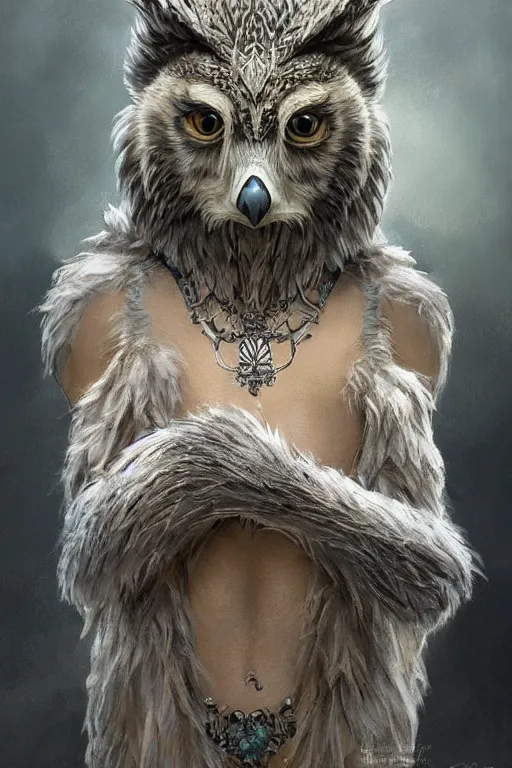 Image similar to a beautiful upper body shot from a fantasy film of a humanoid grey owlbear wearing a loose tunic. an anthropomorphic owlbear. fantasy, frown, intricate, elegant, highly detailed, digital painting, artstation, concept art, matte, sharp focus, illustration, art by artgerm and greg rutkowski and alphonse mucha