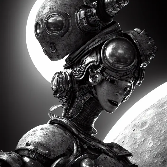 Image similar to a vertical portrait of a character in an spaceship, moon behind, by nihei tsutomu, black and white, dreamy, steampunk bioarmor, highly detailed, 3 d render, vray, octane, realistic lighting