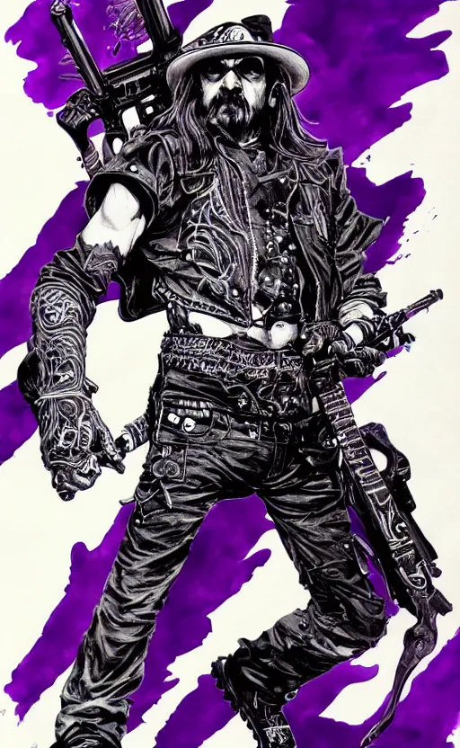 Prompt: full body portrait of lemmy killmeister with a lot of purple smoke!!!, concept art, sumi - e style, intricate linework, artstation, trending, highly detailed, smooth, focus, art by yoji shinkawa and glenn fabry,