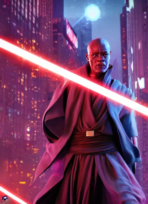 Image similar to An epic fantasy comic book style portrait painting of a young Mace Windu using the force to escape the police in Times Square, Star Wars, Unreal 5, DAZ, hyperrealistic, octane render, cosplay, RPG portrait, dynamic lighting