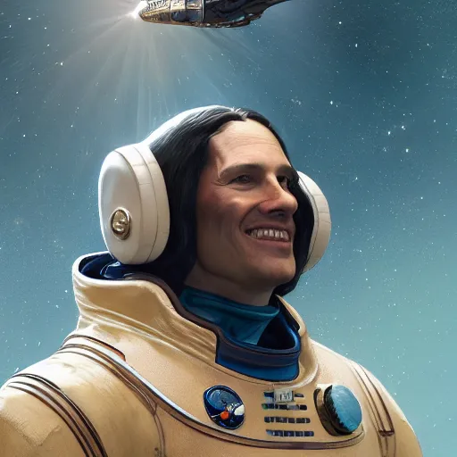 Image similar to the figure of a man who soars in space with a smile of mona lisa, peace in his eyes, ultra realistic, concept art, intricate details, serious, highly detailed, photorealistic, octane render, 8 k, unreal engine, art by todd mcfarlane and artgerm and greg rutkowski and alphonse mucha