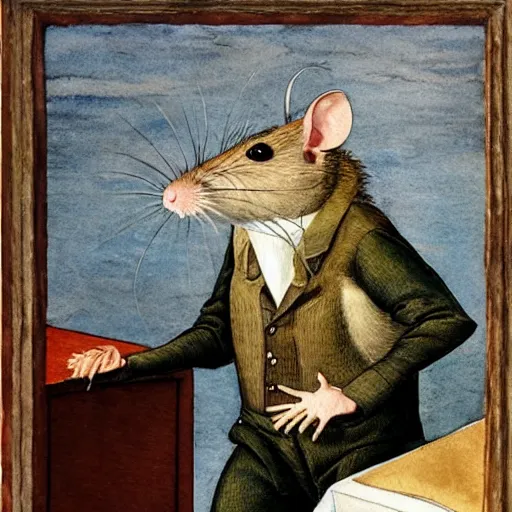 Image similar to a rat is dressed in a suit and stands on the edge of a desk, medium shot, hyper detailed, hyper realistic, by Botticelli, watercolor