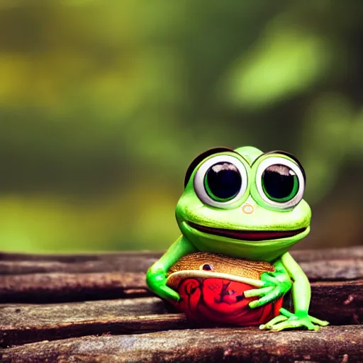 Prompt: baby pepe the frog wearing a tiny sombrero, holding maracas, large eyes, sitting on a log, pixar, disney, dynamic lighting, bokeh