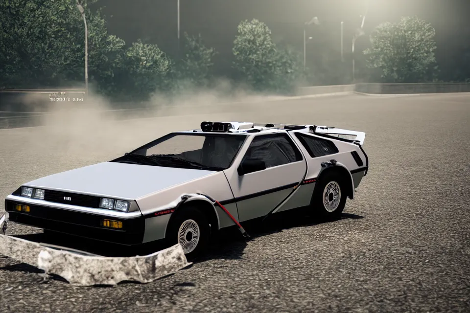 Image similar to ultra realistic delorean ae 8 6 drifting on touge highway wreckage, photo from space, dark cinematic, volumetric, realistic, 3 d render, realistic render, cinematic lighting, volumetric lighting, atmospheric, cinematic, unreal engine 5, unreal engine render, octane render, hd, photorealism, hyper realistic, 8 k