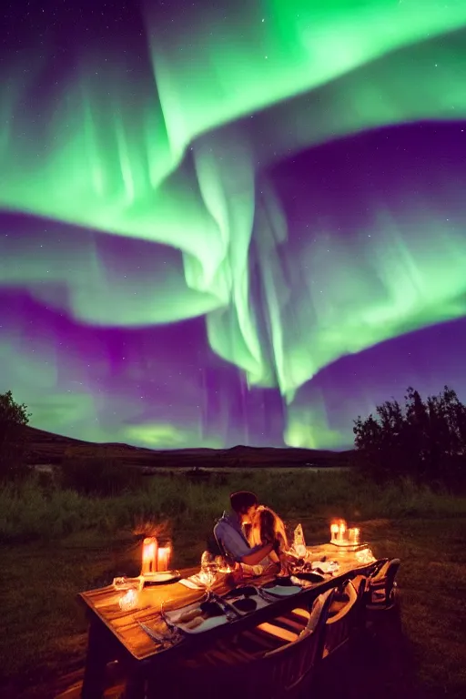 Image similar to northen lights, beautiful sky, a couple on a date, wine on the table, fireflies lighting up the sky, beautiful, romantic, highly detailed, 8k