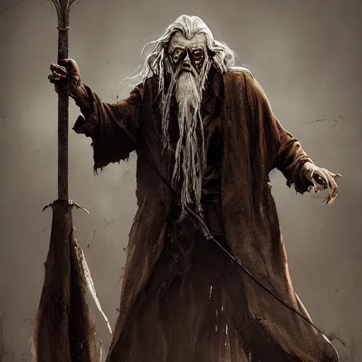 a zombie Gandalf, by WLOP, horror, wounds, bloody, | Stable Diffusion