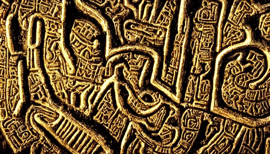 Prompt: h. r. giger hieroglyphs, sorrow intense likely, gold plated, sense of decay given, throw into the abyssal despair, various refining techniques, micro macro auto focus, top photography photo art gallery, realistic photo, insane detail