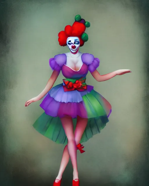 Prompt: matte painting of a beautiful clown girl wearing cute clothes.