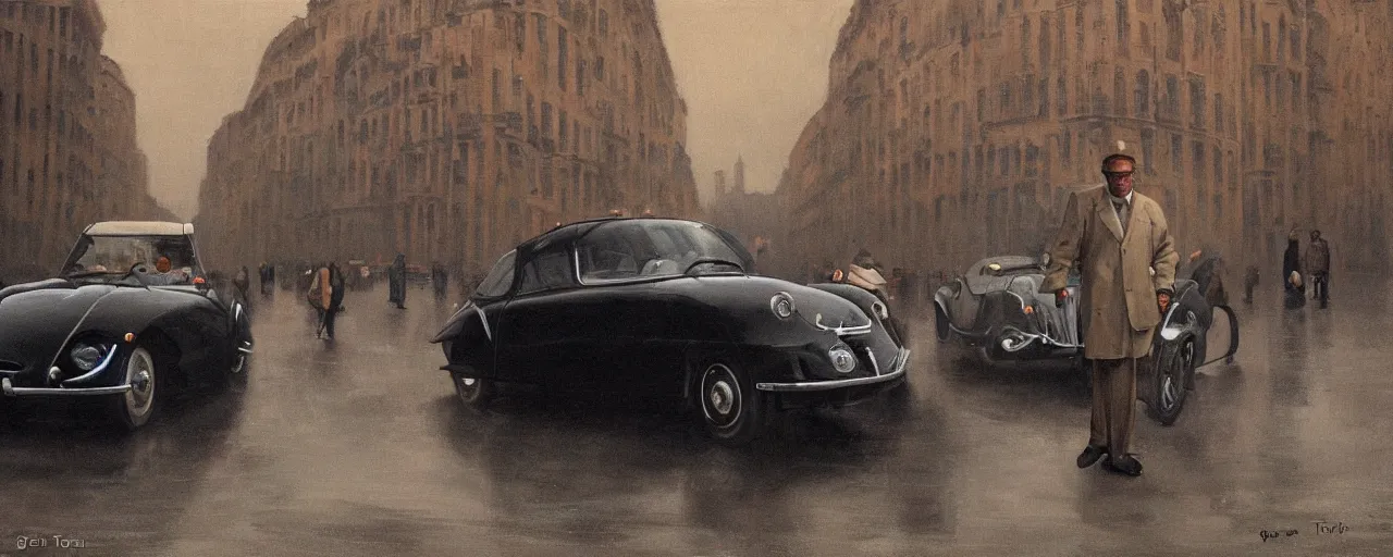 Image similar to A Detective at a black 1955 Citroen DS 19 with the headlights on, parked on the side of the road in the city of Rome while it is raining, by George Tooker, moody, sinister, lighting, hyperrealistic