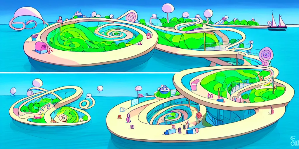 Prompt: chubby spiral shape cartoon concept art, docklands near the sea, from lorax movie, sam and max