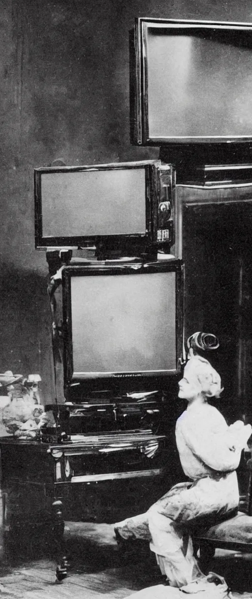 Image similar to 1 9 0 0 s photo of a person watching a flat screen hd tv