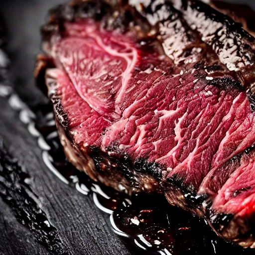 Image similar to explosion wagyu steak perfect sear macro gourmet food photography