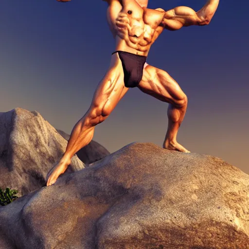 Prompt: god physique, greek god, standing on top of mountain, ultra realistic, concept art, posing, body builder, award, inspirational, realistic lighting, real life, unreal engine render, windy