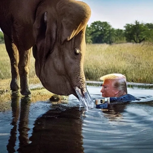 Prompt: national geographic professional photo of biden and trump drinking from a watering hole with animals, award winning