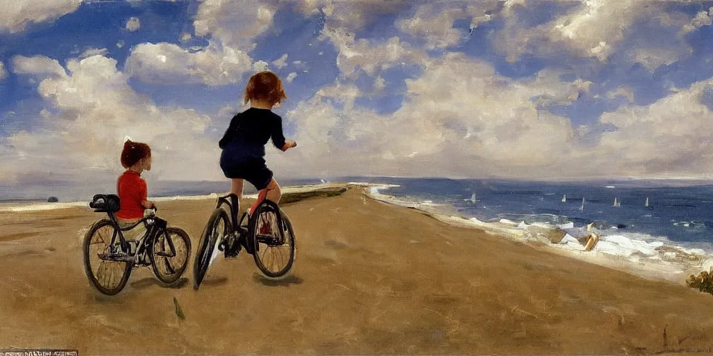 Image similar to A little girl pushing her bike along the coast, watching a rocket launch in the distance as it lifts off through the clouds, by John Singer Sargent