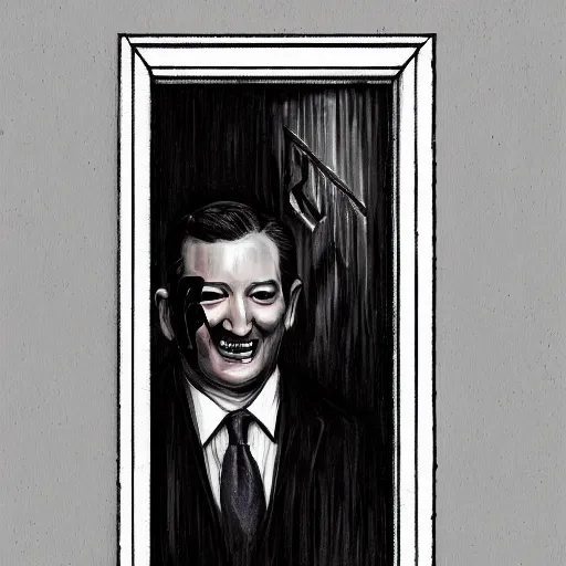 Image similar to Ted Cruz with a wide grin wielding a bloody hatchet peaking through a door in the distance at the end of a narrow corridor, black and white, creepy lighting, scary, horror, ornate, eerie, fear, oil painting